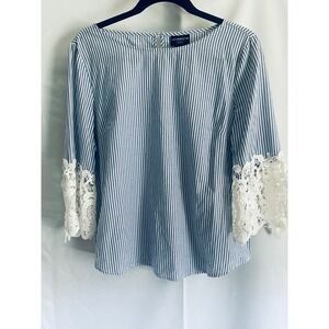 Liz Claiborne Petite Large Blue White Stripe Lace Sleeve Coastal Blouse PL